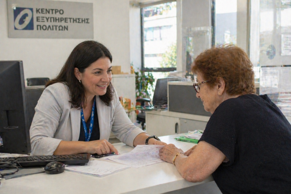 Ελληνίδα ενημερώνεται σε ΚΕΠ ή Δήμο από υπάλληλο για κοινωνικές υπηρεσίες