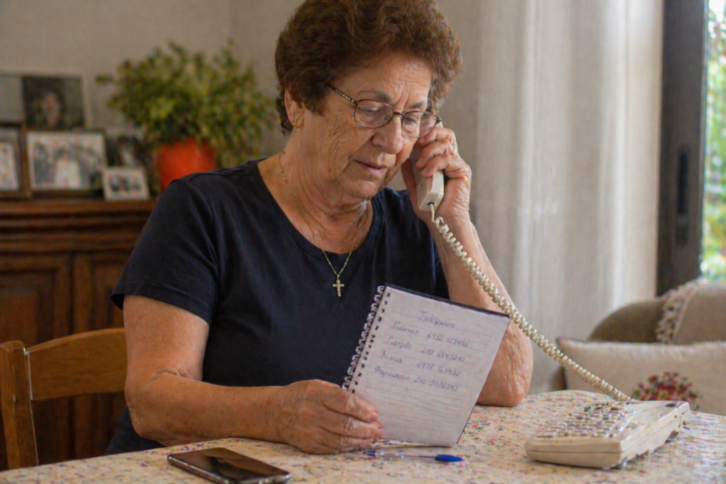Ηλικιωμένη κρατά σημειωματάριο με χρήσιμα τηλέφωνα στο σπίτι
